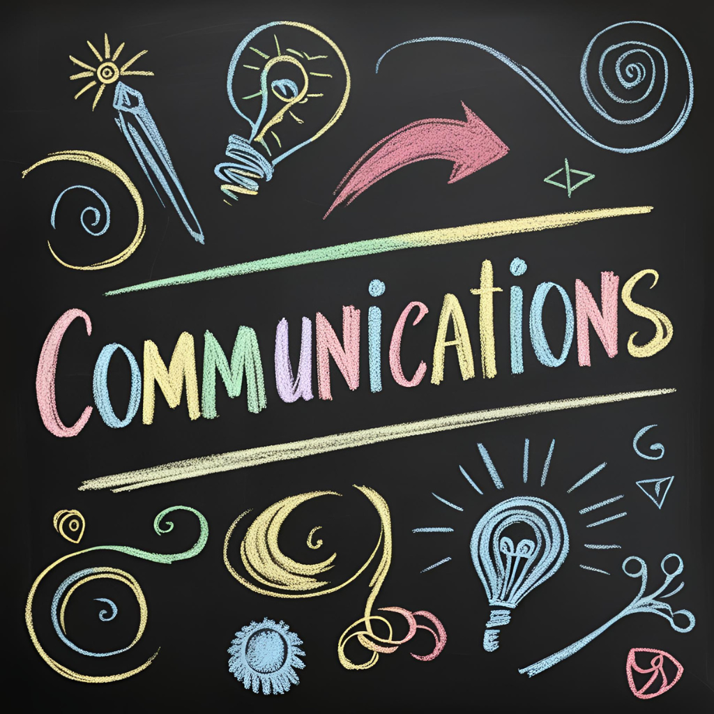 The word communications written on a blackboard