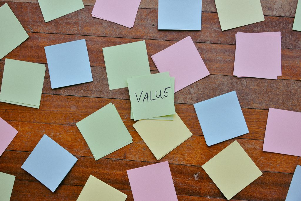 Value-postit floor covered in coloured post-it notes with only one in the centre that has the word Value written on it