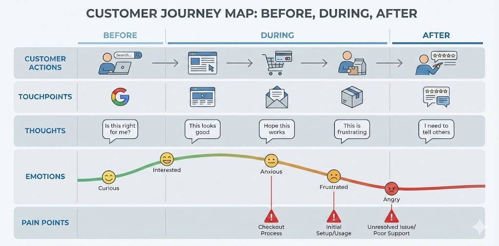 Online_order_Journey Customer journey map showing the process of making an online order and payment