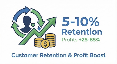 Improved-customer-retention_small Chart showing that a 5 to 10% increase in customer retention can leat to 25% to 85% higher profits