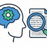 Too-much-knowledge Head with gears inside it and a piee of paer with a magnifying glass showing too much information